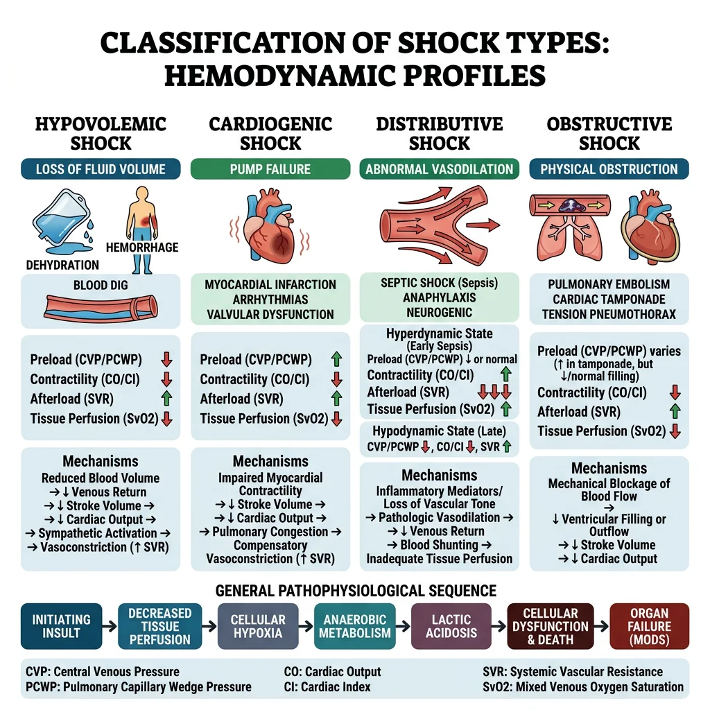 Classification diagram of shock types: hypovolemic, cardiogenic, distributive, and obstructive with key hemodynamic parameters