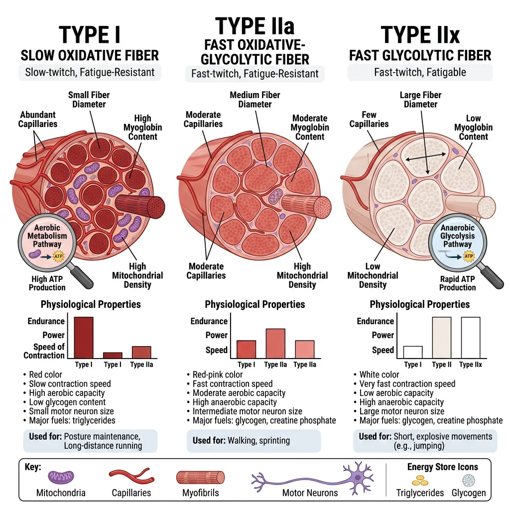 Comparison of skeletal muscle fiber types showing Type I slow oxidative, Type IIa fast oxidative-glycolytic, and Type IIx fast glycolytic fibers