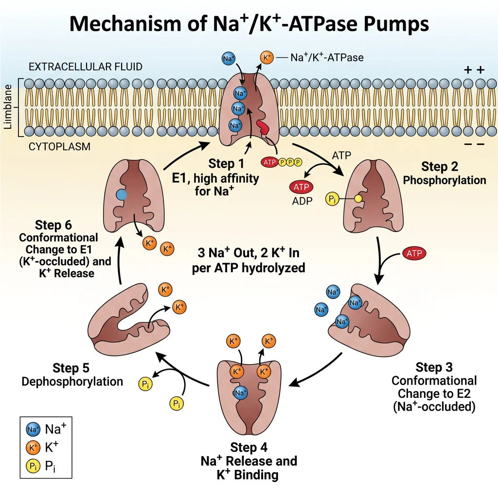 Na⁺/K⁺-ATPase pump cycling through E1 and E2 conformations, transporting 3 Na⁺ out and 2 K⁺ in per ATP hydrolysed