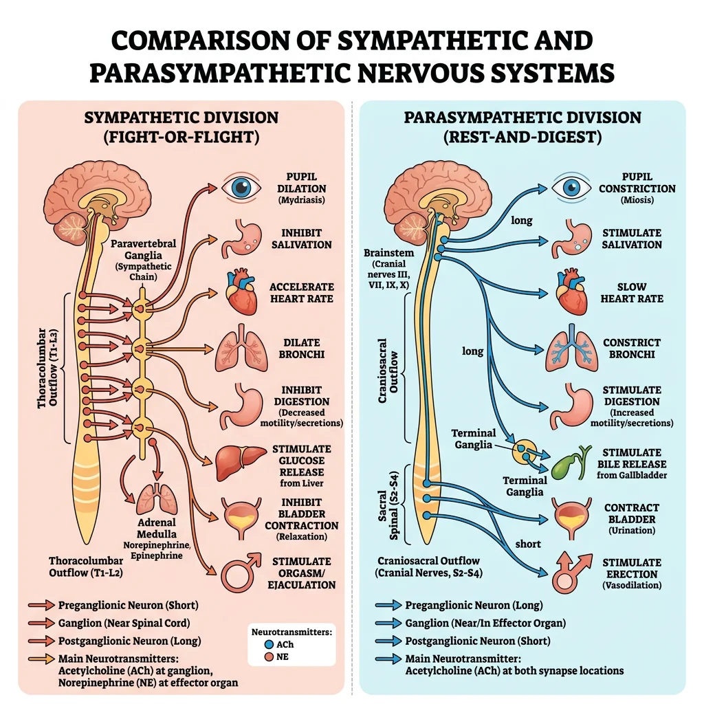 Side-by-side comparison of sympathetic and parasympathetic nervous system pathways and effects