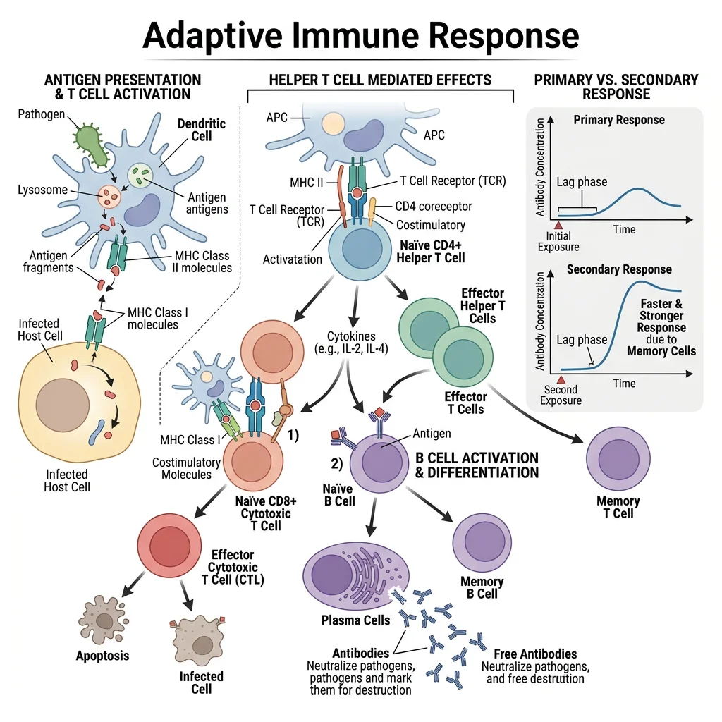Adaptive immune response showing antigen-presenting cell activating T cells (CD4+ helper and CD8+ cytotoxic) and B cells differentiating into plasma cells producing antibodies, with memory cell formation for secondary response
