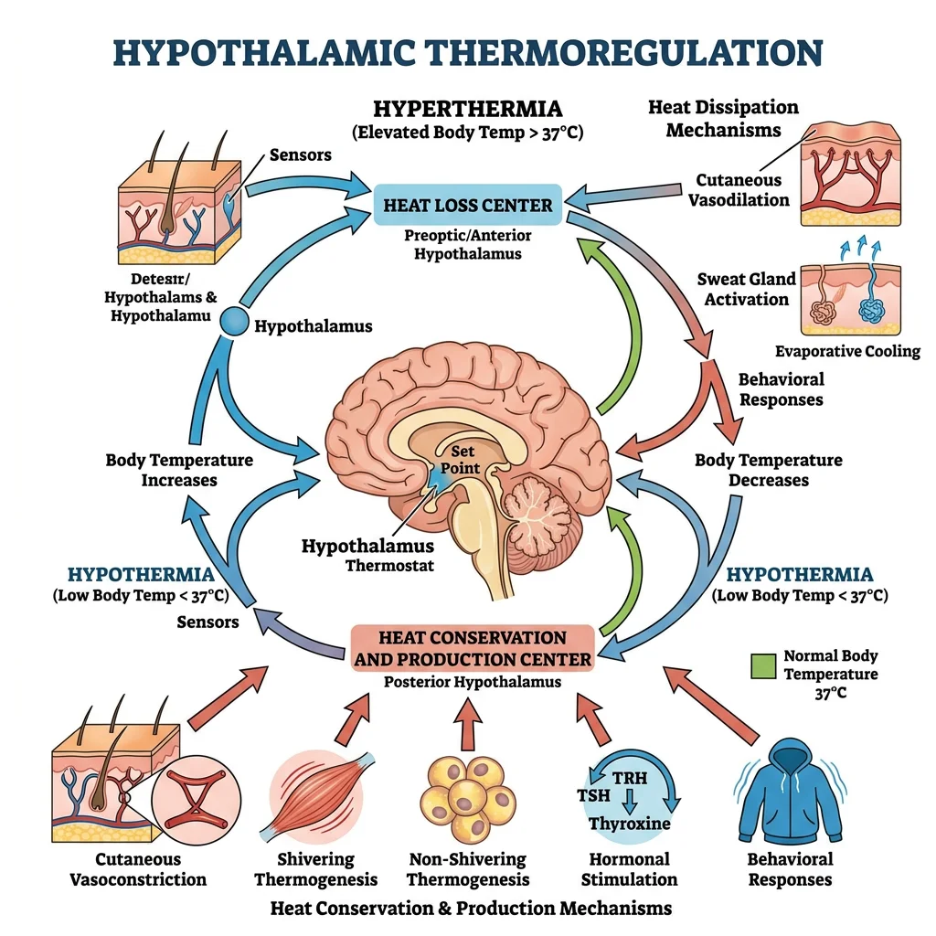 Hypothalamic thermoregulation diagram showing heat production and dissipation mechanisms for hypothermia and hyperthermia