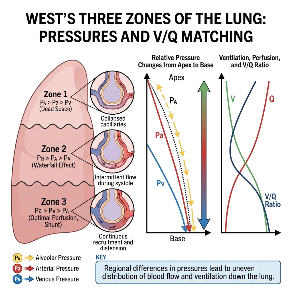 West's three zones of the lung showing the relationship between alveolar pressure, arterial pressure, and venous pressure affecting ventilation-perfusion matching from apex to base