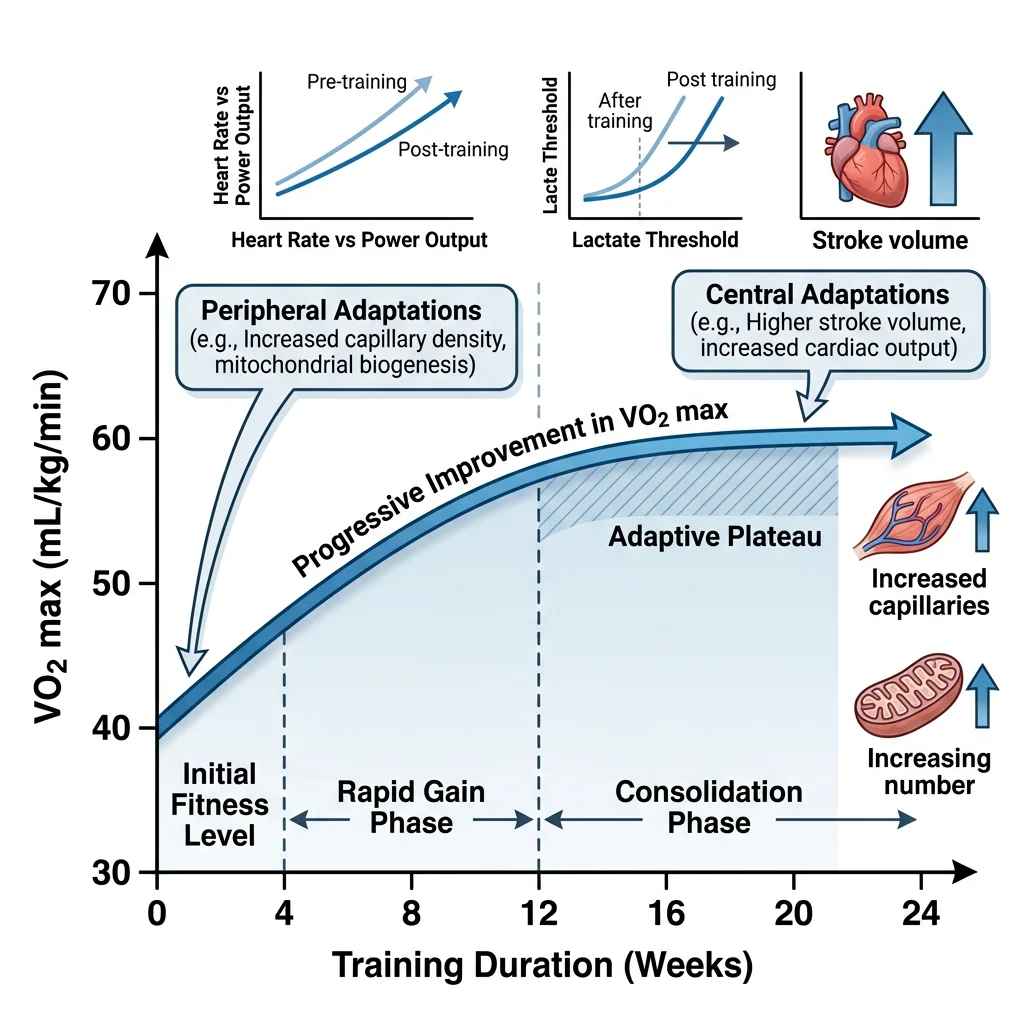Graph showing VO2 max training adaptation over time with progressive improvement in maximal oxygen uptake