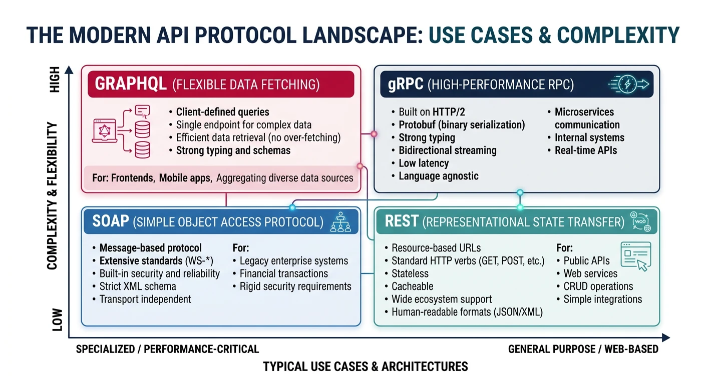 Diagram showing the modern API protocol landscape with REST, GraphQL, gRPC, and SOAP positioned by use case and complexity