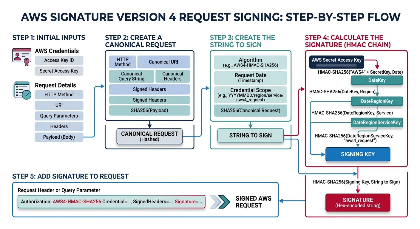 Step-by-step flow diagram of AWS Signature Version 4 request signing showing canonical request, string to sign, and HMAC chain