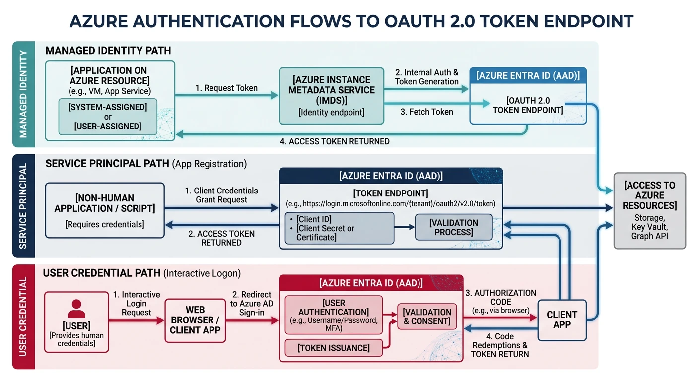 Diagram of Azure authentication flow showing service principal, managed identity, and user credential paths to OAuth 2.0 token endpoint