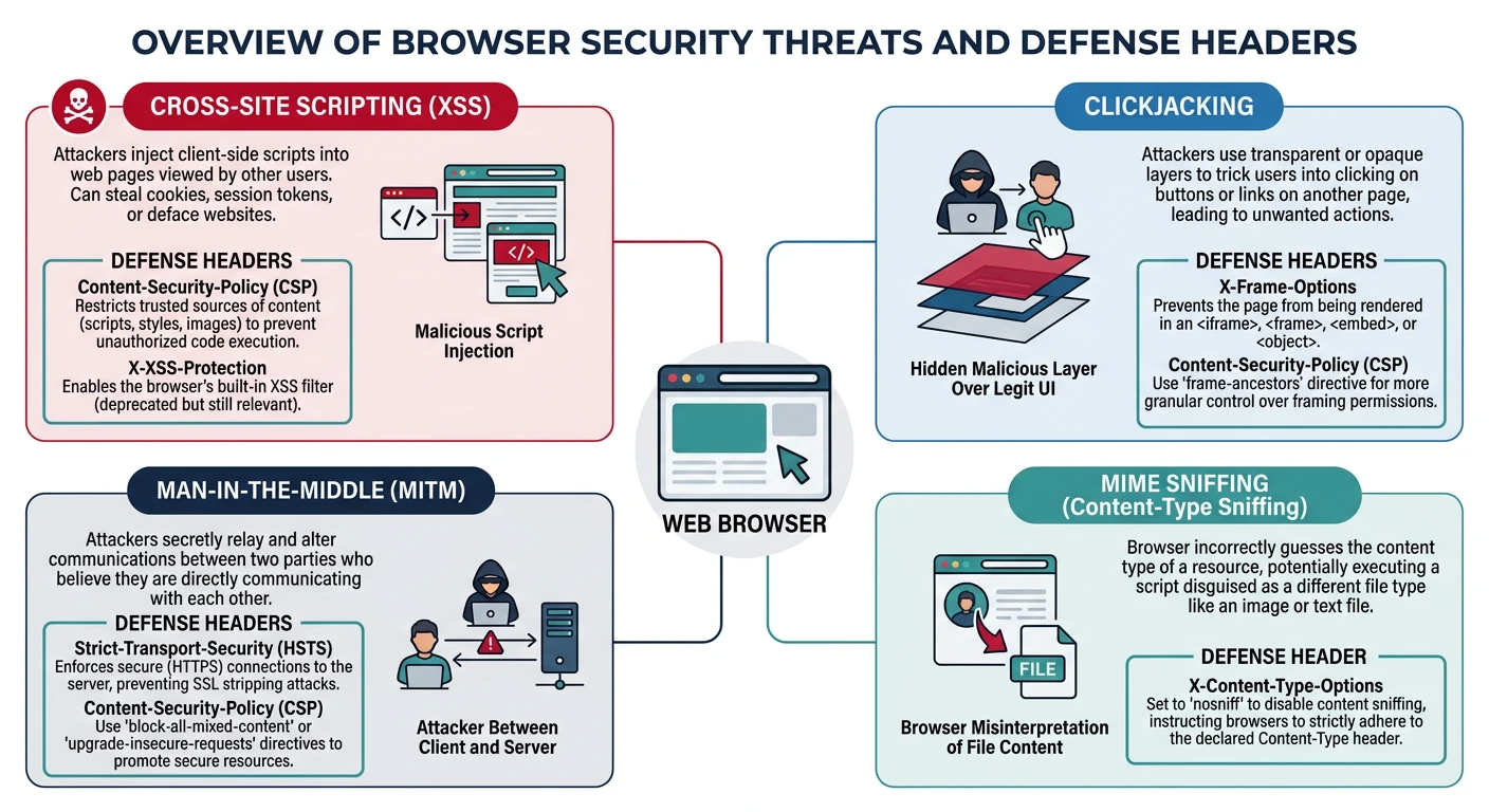 Overview diagram of browser security threats including XSS, clickjacking, MITM, and MIME sniffing with their corresponding defense headers