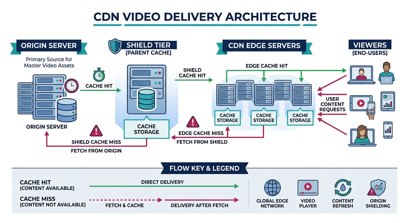 CDN video delivery architecture showing origin server to shield tier to edge servers to viewer with cache hit/miss flow