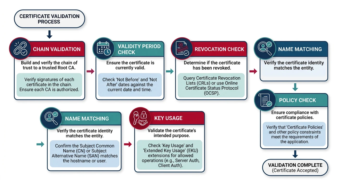 Flowchart showing the six certificate validation steps: chain validation, validity period check, revocation check, name matching, key usage, and policy check