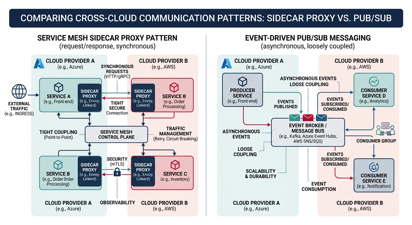 Architecture diagram comparing service mesh sidecar proxy pattern with event-driven pub/sub messaging across cloud providers
