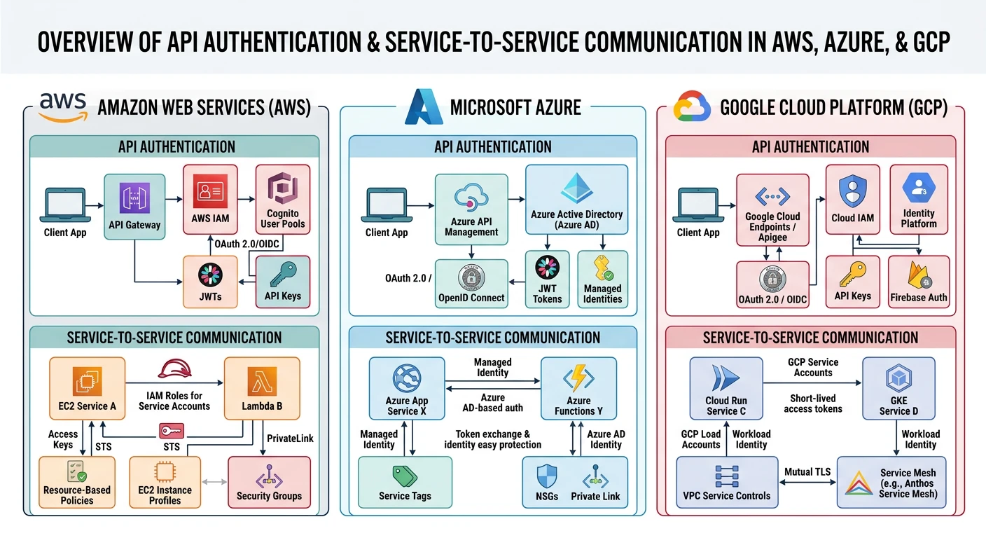 Overview diagram showing how AWS, Azure, and GCP each handle API authentication and service-to-service communication