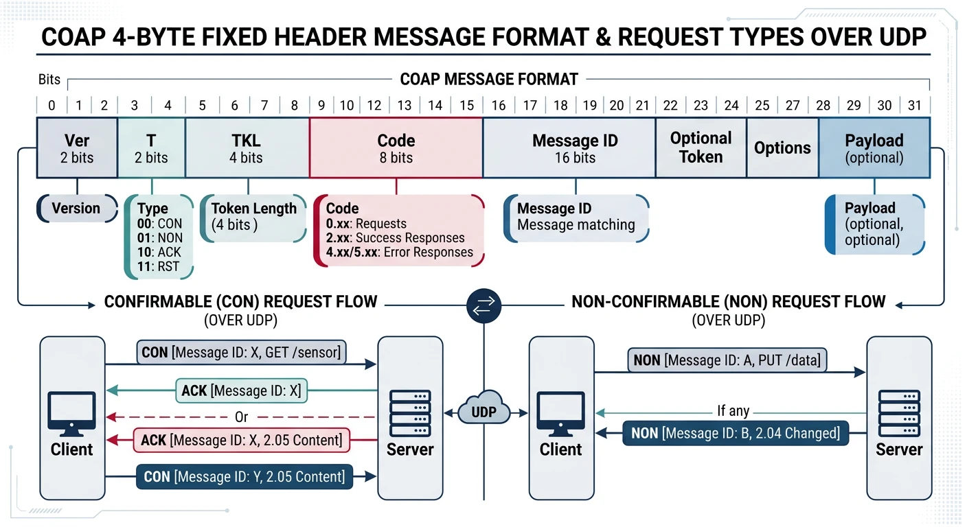CoAP 4-byte fixed header message format with confirmable and non-confirmable request types over UDP