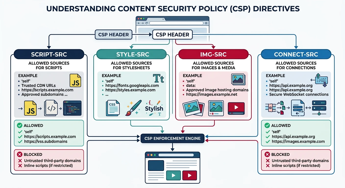 Diagram showing Content Security Policy directives enforcing allowed sources for scripts, styles, images, and connections