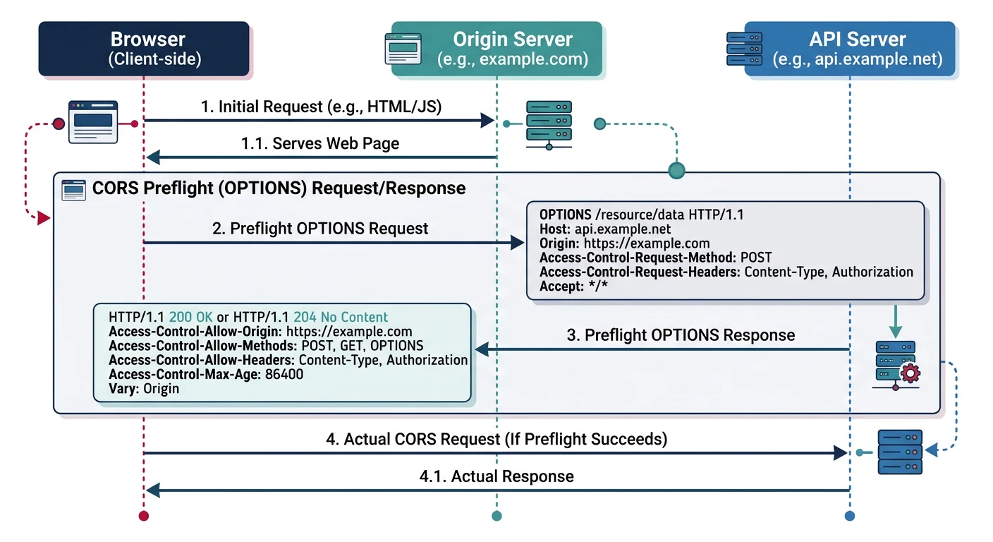 Sequence diagram showing CORS preflight OPTIONS request and response headers exchanged between browser, origin server, and API server