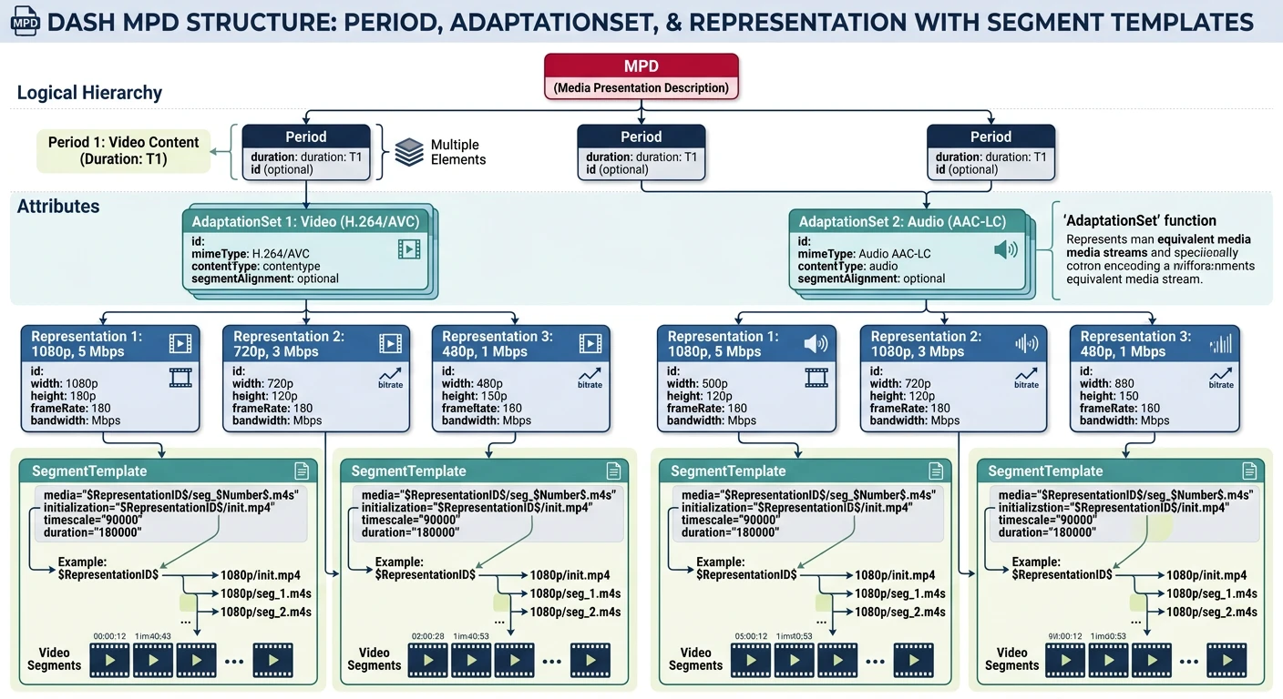 DASH MPD structure showing Period, AdaptationSet, and Representation elements with segment templates