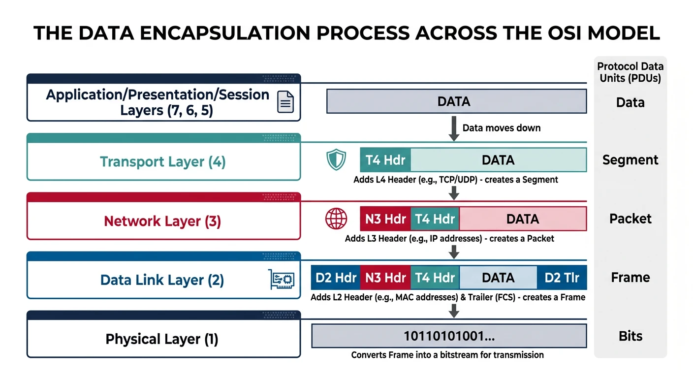 Illustration of data encapsulation as it moves down through the OSI layers, showing headers added at each stage