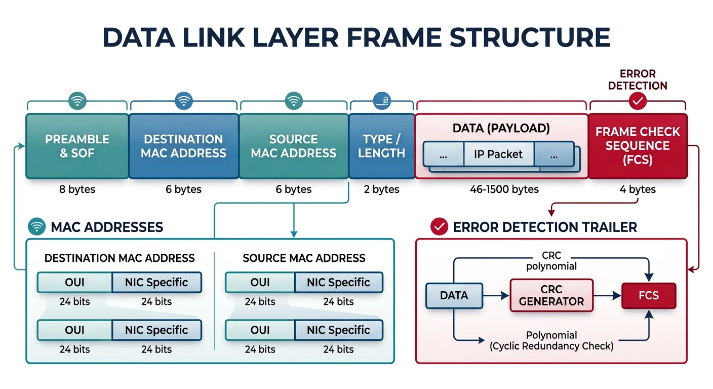 Data Link Layer frame structure showing MAC source and destination addresses with error detection trailer