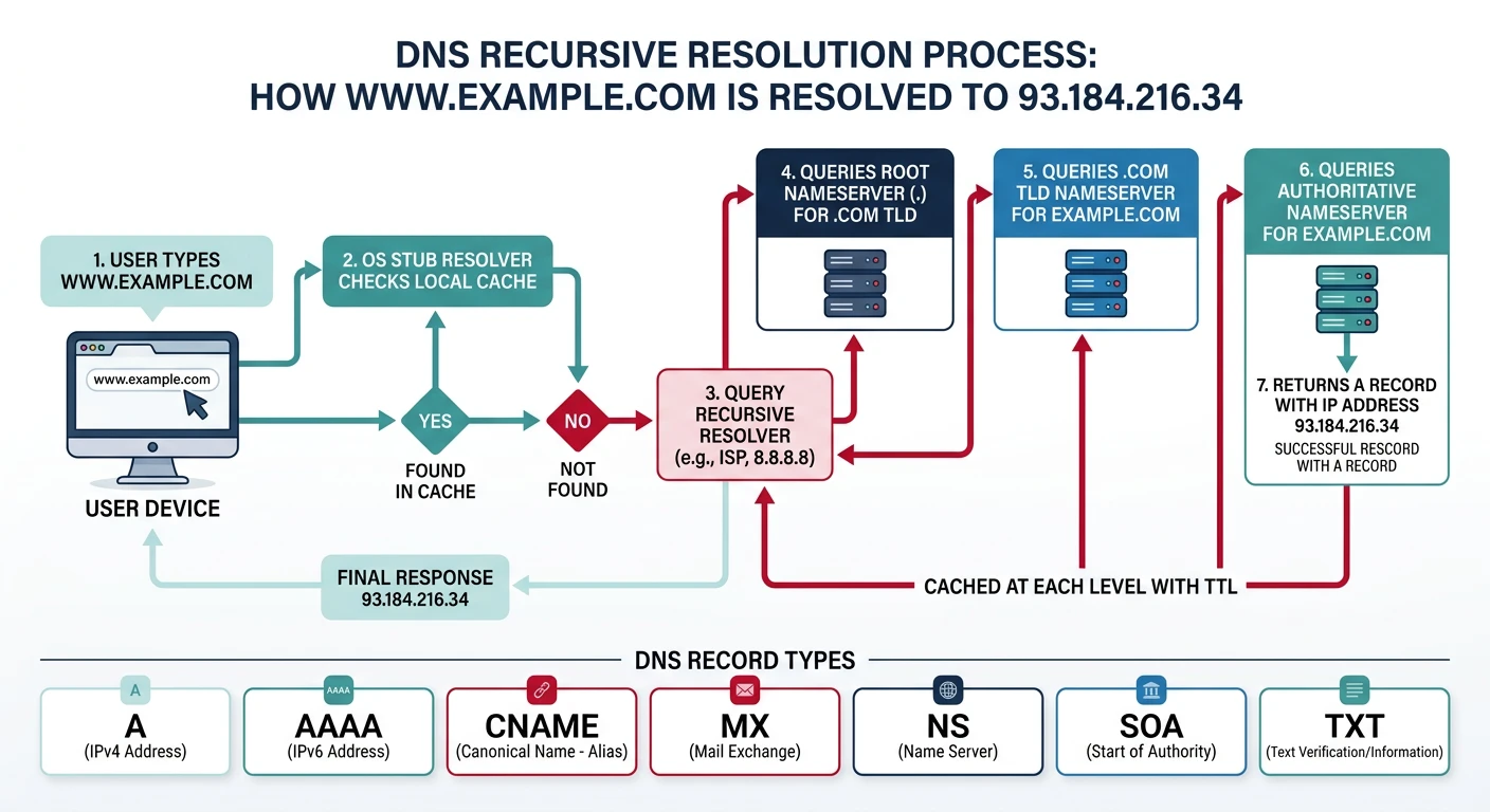 Diagram showing DNS translating a human-readable domain name into a numeric IP address