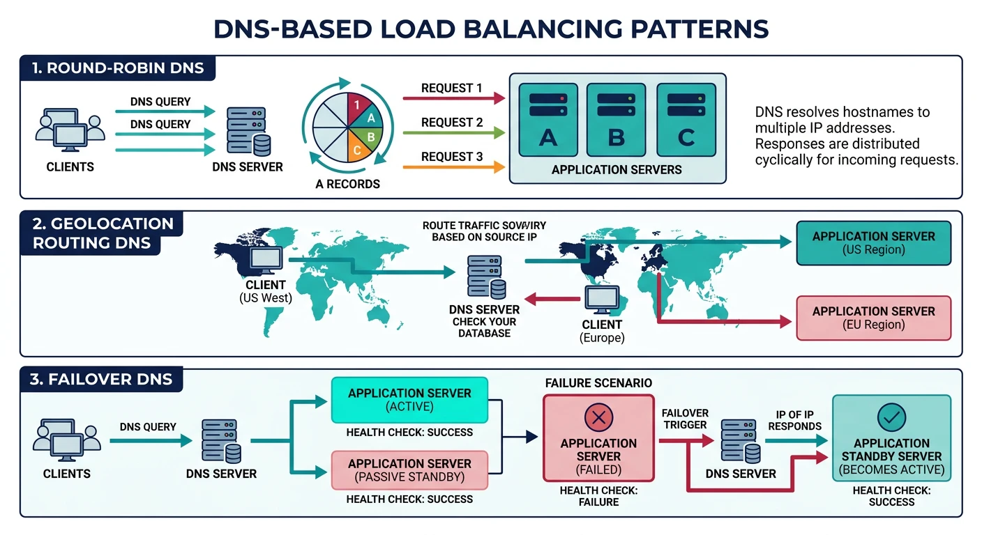 Illustration of DNS-based load balancing patterns including round-robin, geolocation routing, and failover