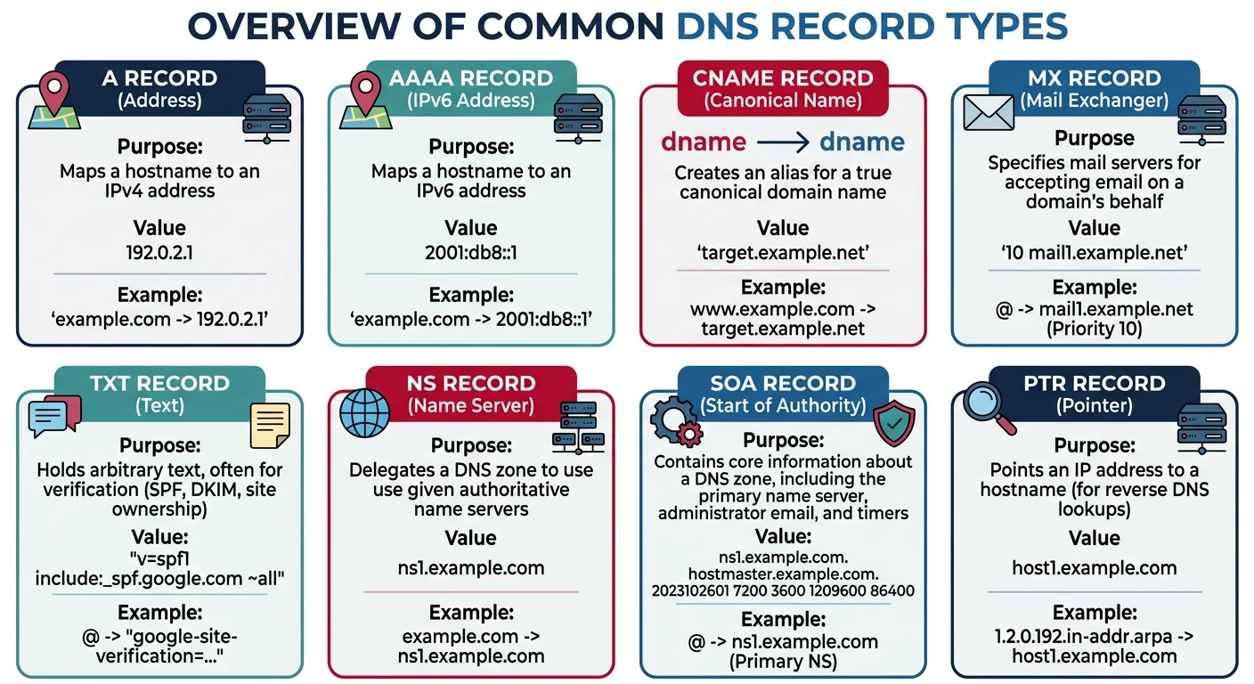 Overview chart of common DNS record types including A, AAAA, CNAME, MX, TXT, NS, SOA, and PTR records