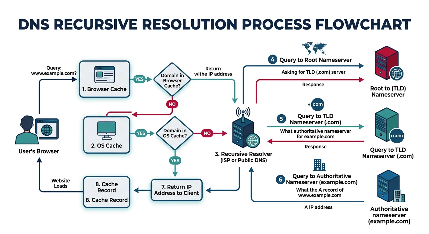 Flowchart of DNS recursive resolution process from browser cache through root, TLD, and authoritative nameservers