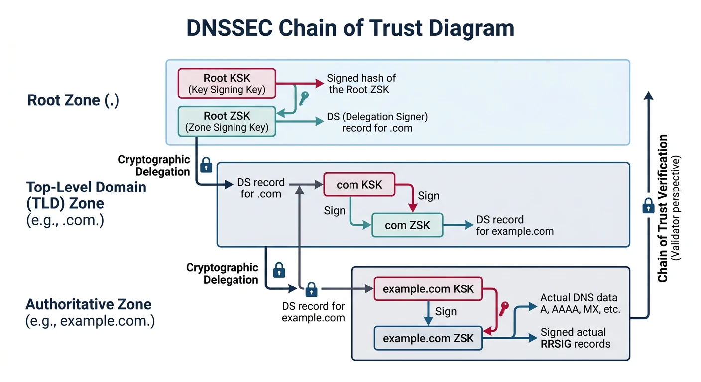 Diagram of DNSSEC chain of trust showing cryptographic signing from root zone through TLD to authoritative nameserver