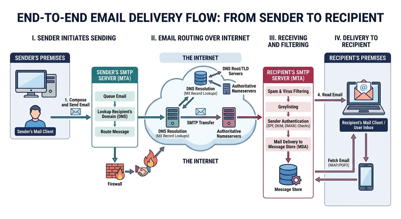 End-to-end email delivery flow diagram from sender's mail client through SMTP servers to recipient's inbox