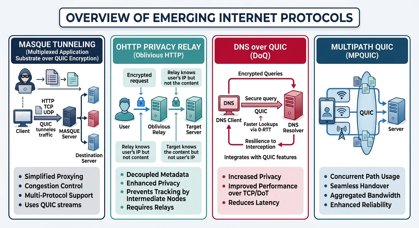 Overview diagram of emerging protocols including MASQUE tunneling, OHTTP privacy relay, DNS over QUIC, and Multipath QUIC
