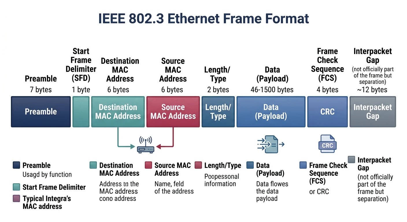 IEEE 802.3 Ethernet frame format showing preamble, destination MAC, source MAC, type, data, and FCS fields