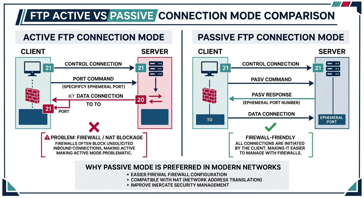 Diagram showing FTP active mode with server-initiated data connection versus passive mode with client-initiated data connection through firewalls