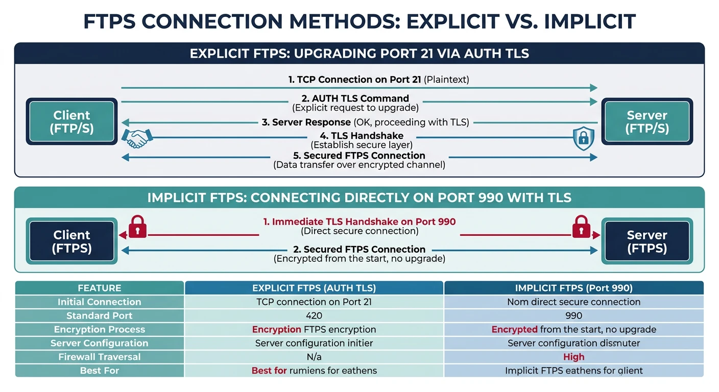 Comparison diagram of Explicit FTPS upgrading port 21 via AUTH TLS versus Implicit FTPS connecting directly on port 990 with TLS