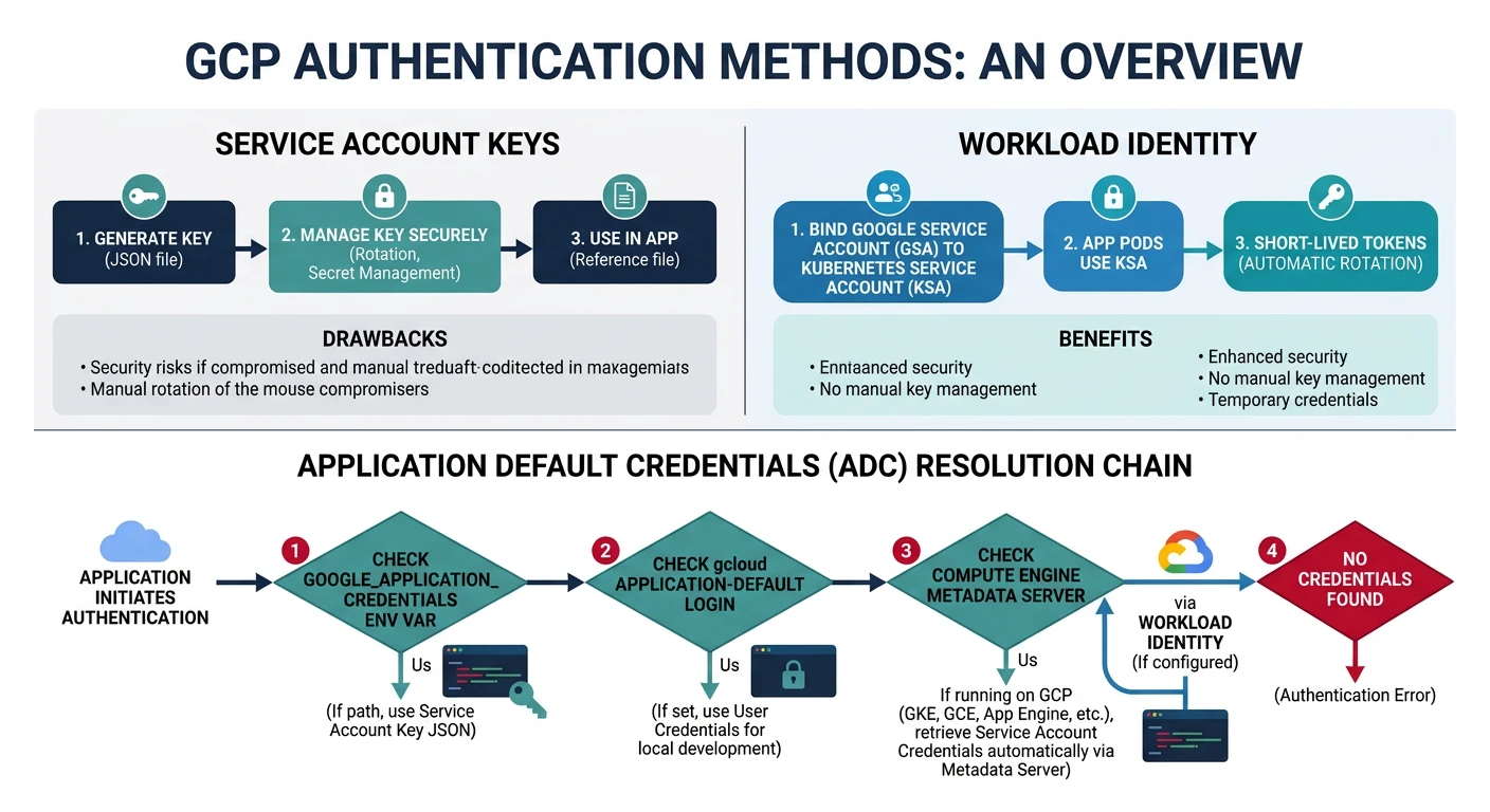 Diagram of GCP authentication methods showing service account keys, workload identity, and Application Default Credentials resolution chain