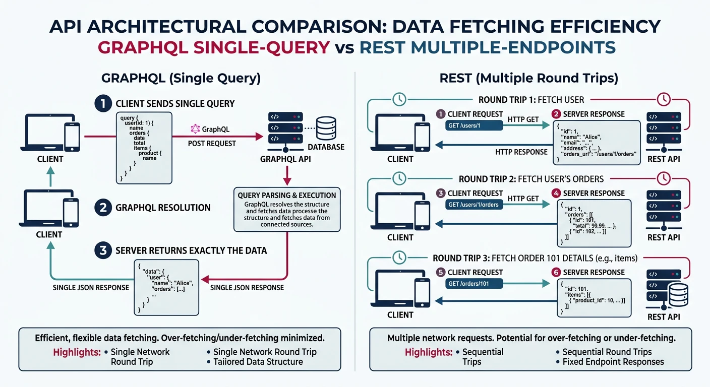 Diagram comparing GraphQL single-query data fetching versus REST multiple-endpoint round trips