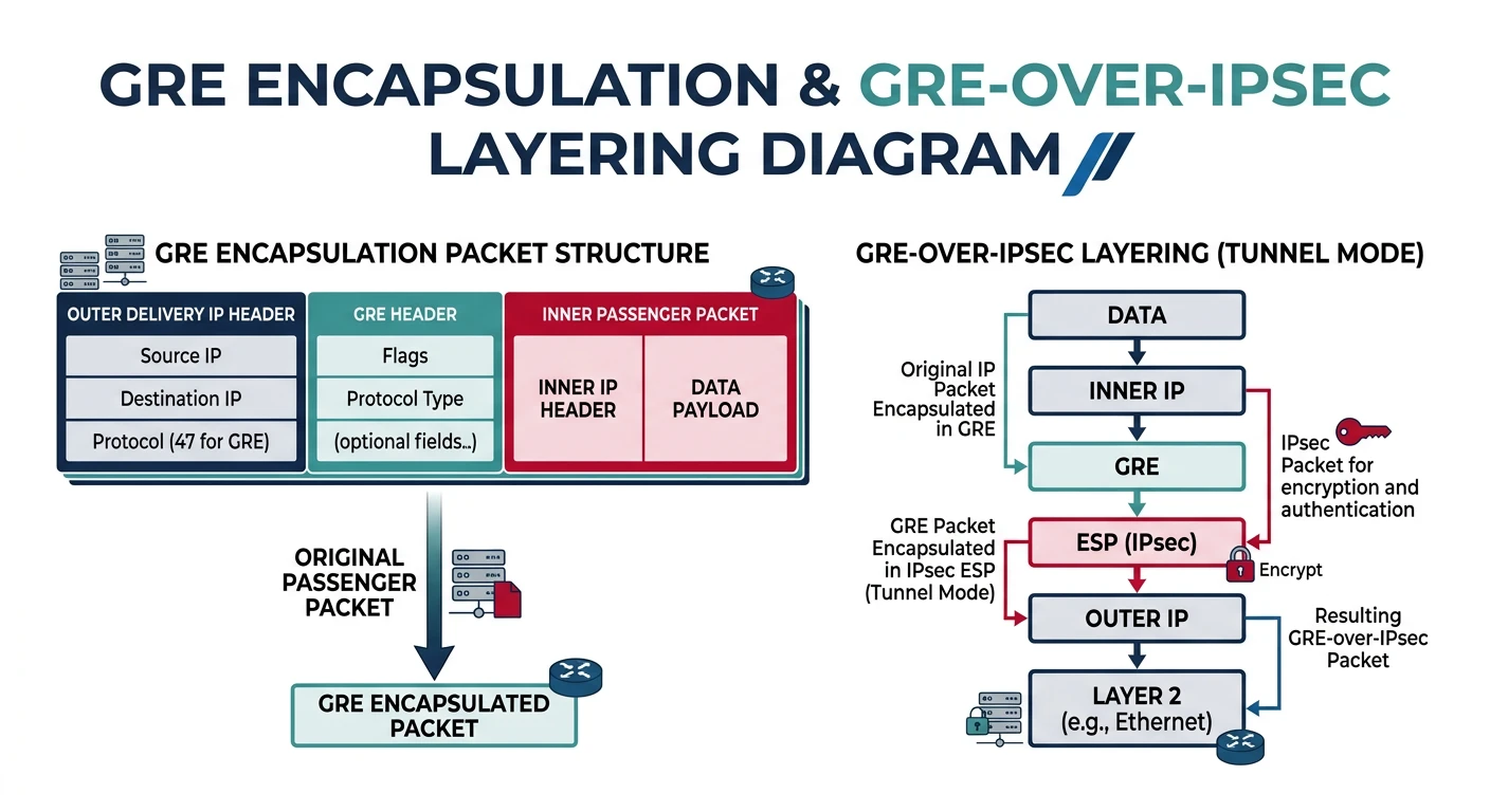 Packet structure diagram showing GRE encapsulation with outer delivery header, GRE header, and inner passenger packet, plus GRE-over-IPsec layering
