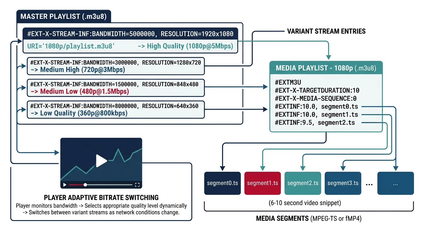 HLS file hierarchy showing master playlist pointing to multiple quality media playlists each containing .ts segment files