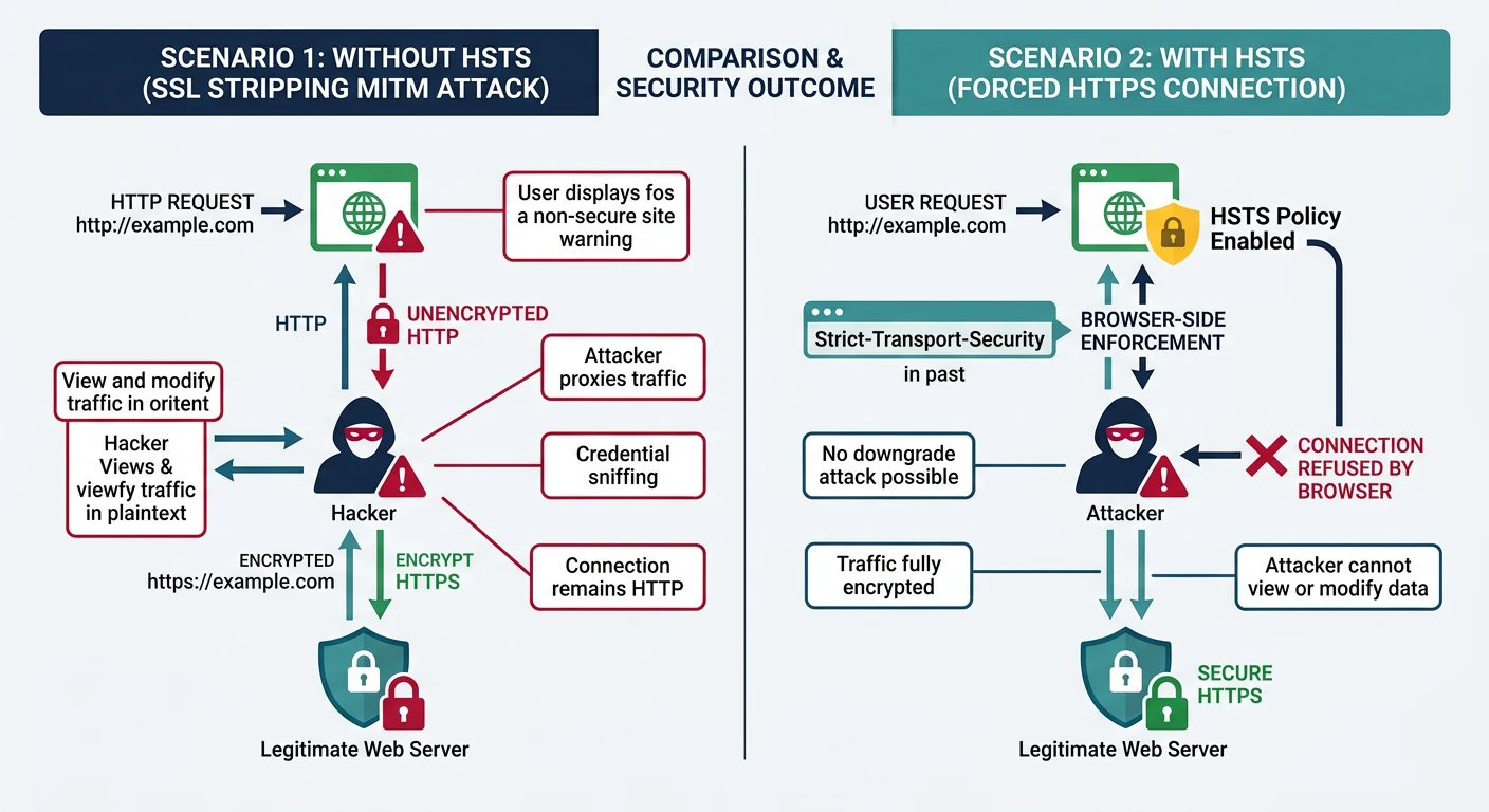 Comparison diagram showing SSL stripping man-in-the-middle attack without HSTS versus forced HTTPS connection with HSTS header protection