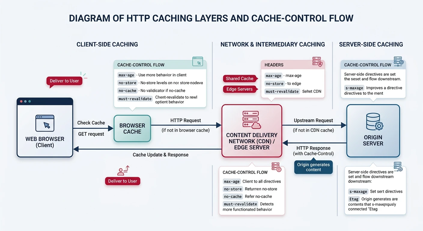 Diagram of HTTP caching layers from browser cache through CDN to origin server with cache-control flow