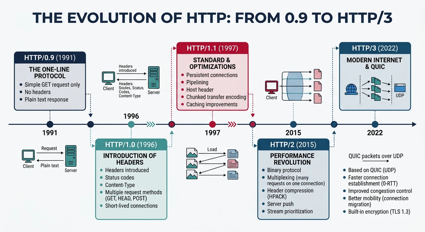 Timeline showing the evolution of HTTP from version 0.9 in 1991 through HTTP/1.1, HTTP/2, to HTTP/3