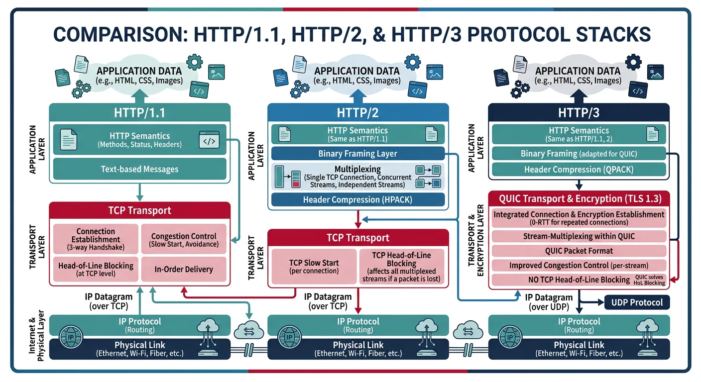 Comparison chart showing HTTP/1.1, HTTP/2, and HTTP/3 protocol stack differences including transport, multiplexing, and encryption layers
