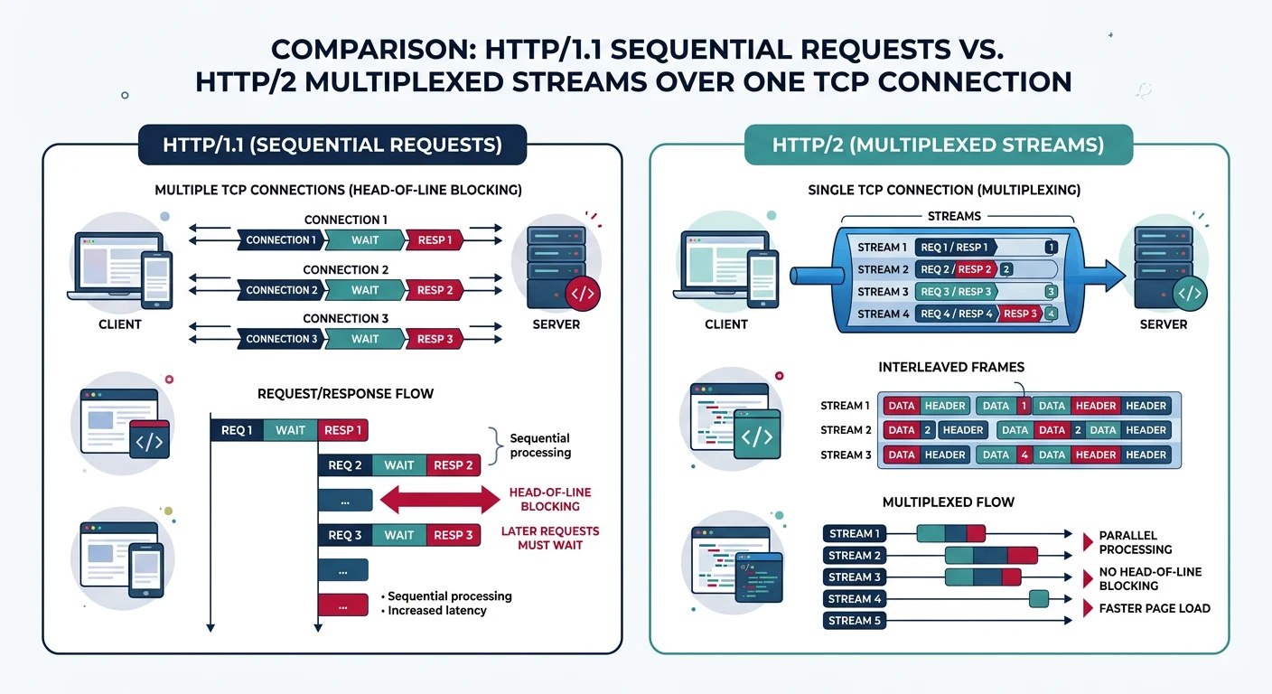 Comparison of HTTP/1.1 sequential requests versus HTTP/2 multiplexed streams over a single TCP connection