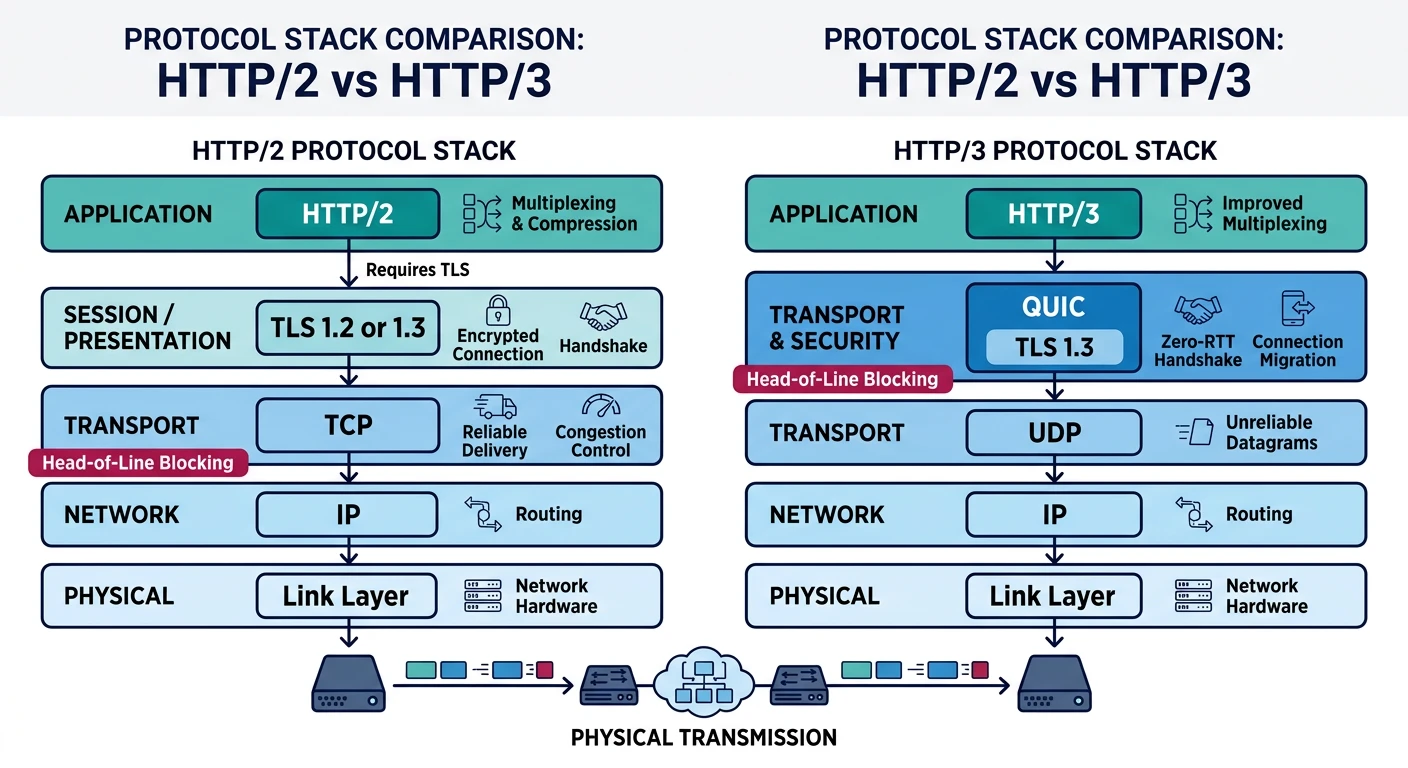 Protocol stack comparison showing HTTP/2 over TCP versus HTTP/3 over QUIC and UDP