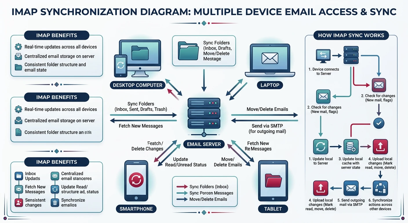IMAP synchronization diagram showing multiple devices accessing and syncing emails stored on the server