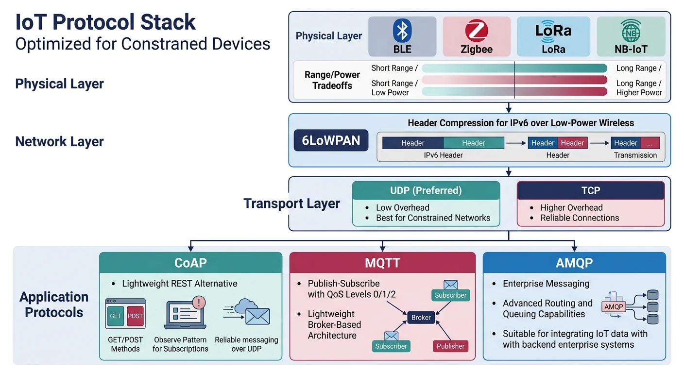 IoT protocol stack overview showing constrained device requirements mapped to MQTT, CoAP, Zigbee, and LoRaWAN layers