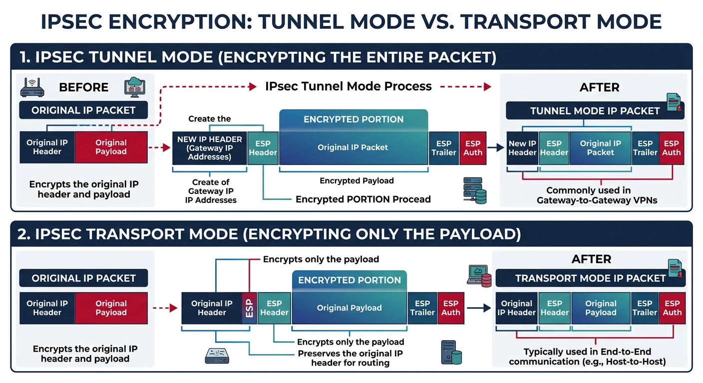 Comparison diagram of IPsec tunnel mode encrypting the entire original packet versus transport mode encrypting only the payload