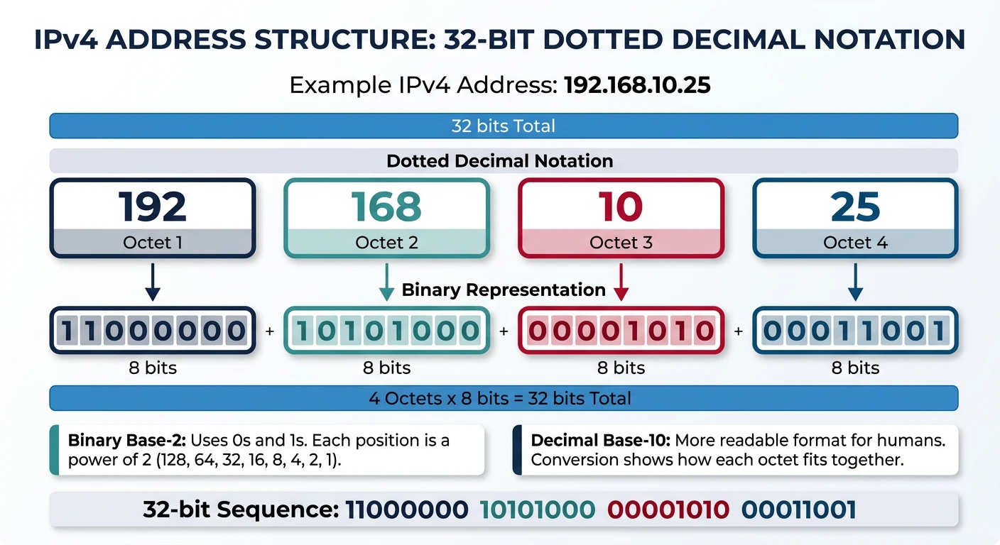 IPv4 address structure showing 32-bit dotted decimal notation broken into four octets with binary representation