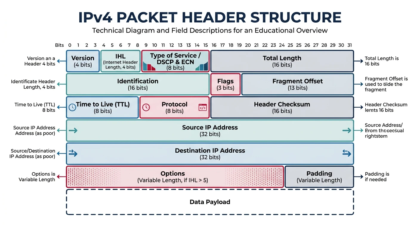 IPv4 packet header diagram showing all fields including version, TTL, protocol, source and destination addresses