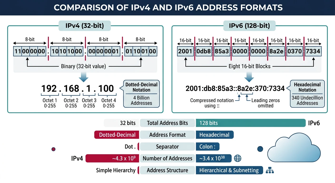 Comparison of IPv4 32-bit and IPv6 128-bit address formats showing notation differences and expanded address space