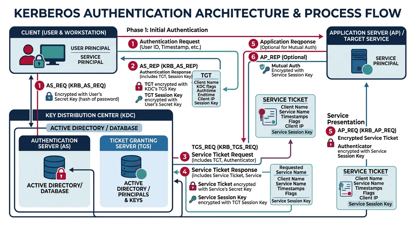 Architecture diagram of Kerberos authentication showing the KDC with Authentication Server and Ticket Granting Server, TGT and service ticket exchanges