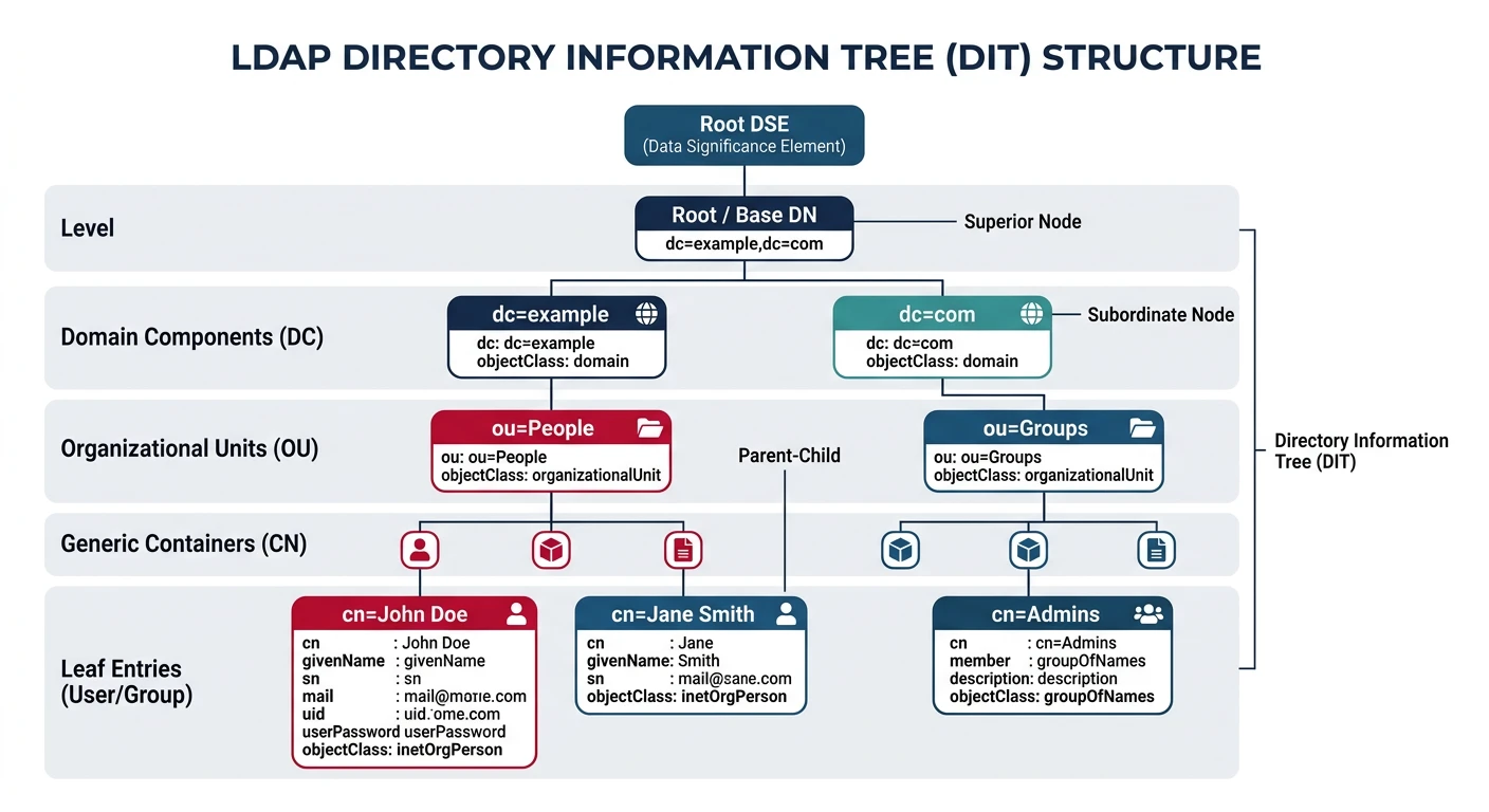 Tree diagram of an LDAP Directory Information Tree showing the hierarchical structure with domain components, organizational units, and user entries